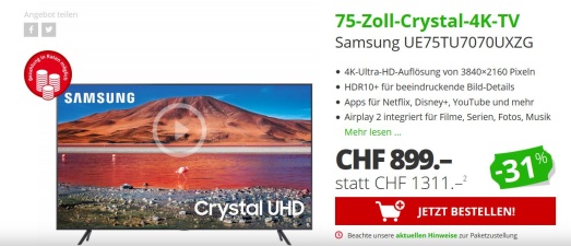 31% auf 75-Zoll-Crystal-4K-TV Samsung UE75TU7070UXZG